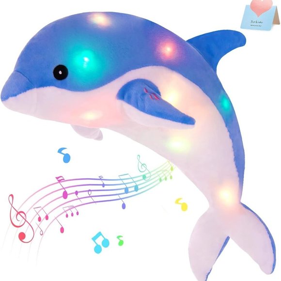 Large Plushie LED MULTI Lights Musical Dolphin Stuffy Soft Soothing Fun NWT - Picture 3 of 9